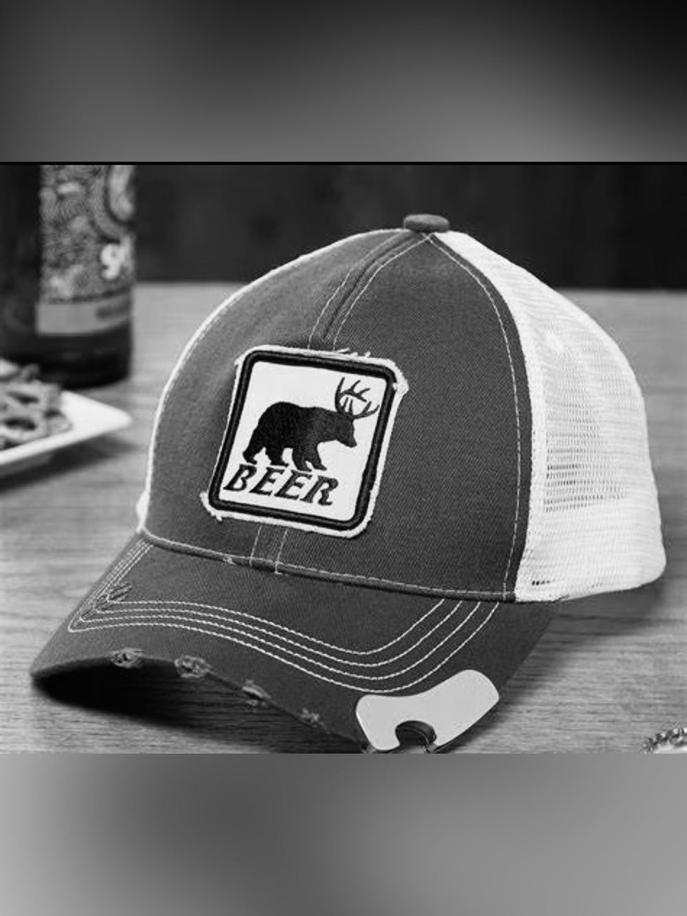 BSC~MEN’s MESH BACK TRUCKER BASEBALL CAP HAT WITH BEAR, BEER, & ANTLER PATCH